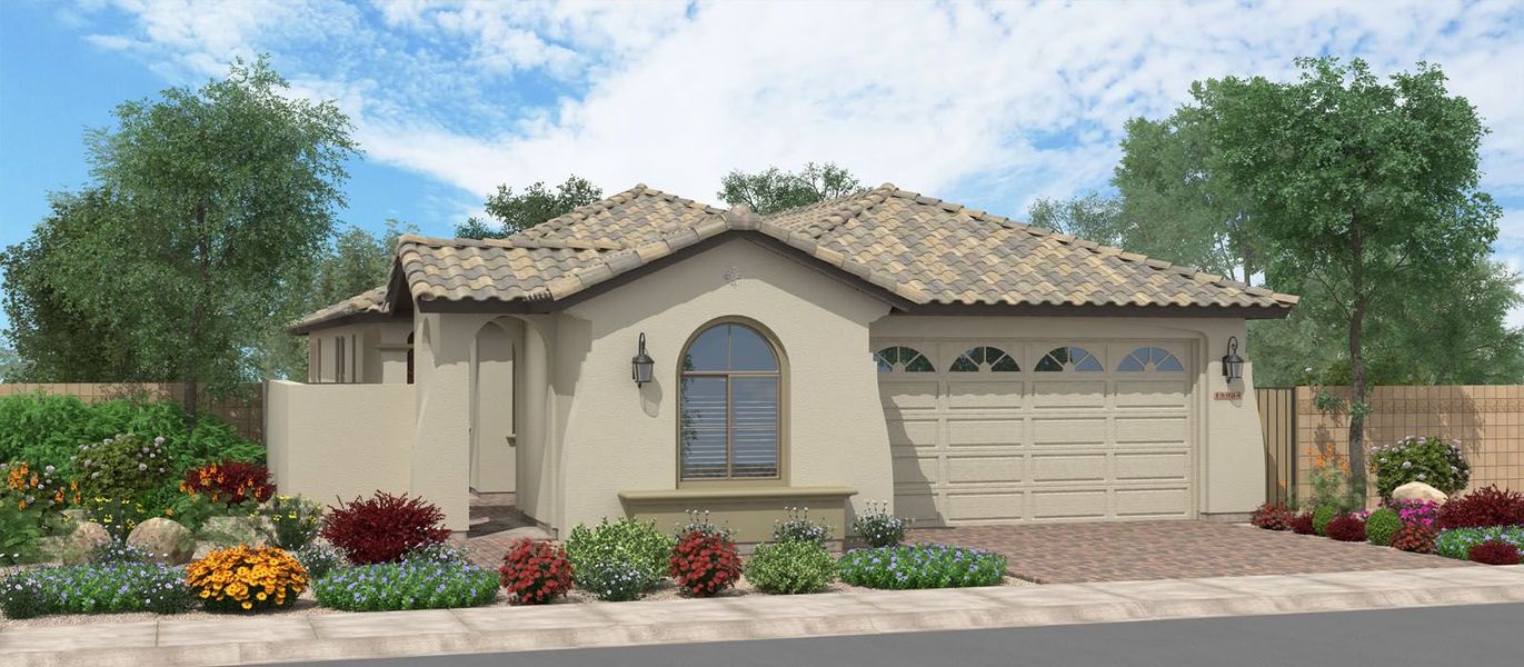 Front exterior of a new home in Calistoga at Enclave, Litchfield Park, AZ, highlighting curb appeal (Image 1). Front exterior of a new home in Calistoga at Enclave, Litchfield Park, AZ, highlighting curb appeal (Image 1).