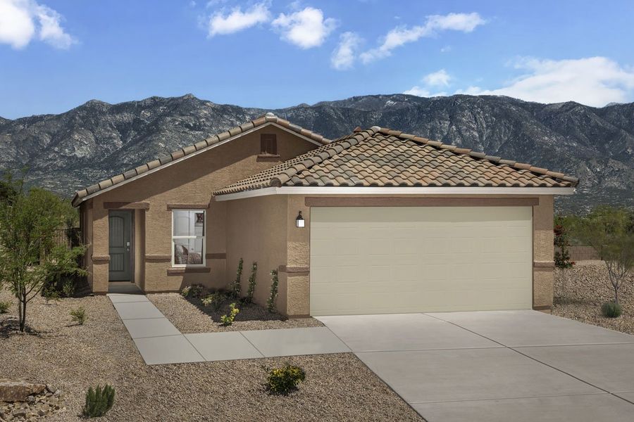Front exterior of a new home in Wildflower Reserve, Tucson, AZ, highlighting curb appeal (Image 2). Front exterior of a new home in Wildflower Reserve, Tucson, AZ, highlighting curb appeal (Image 2).