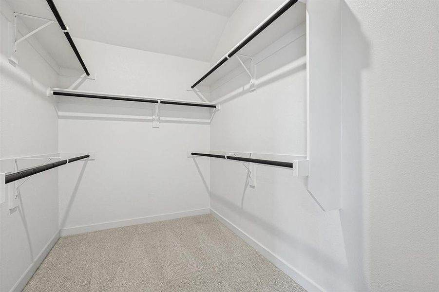 Walk in closet with light colored carpet