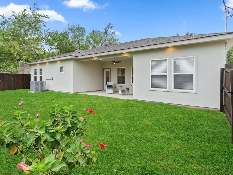 Back of property featuring a ceiling fan, a fenced backyard, a patio, stucco siding, and a shingled roof Back of property featuring a ceiling fan, a fenced backyard, a patio, stucco siding, and a shingled roof