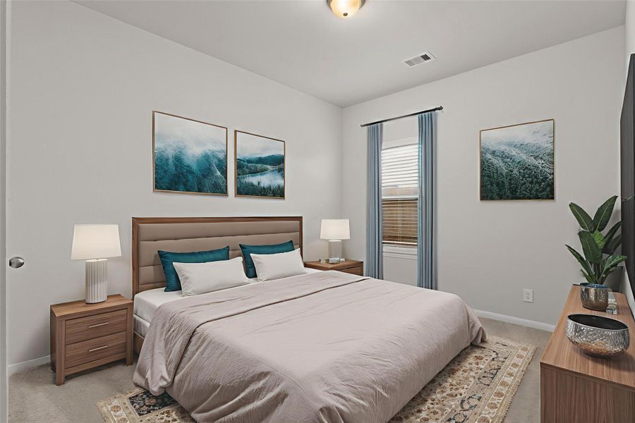 Another virtually staged secondary bedroom, bright and inviting with generous natural light. This flexible space could easily serve as a guest room, nursery, or creative hobby room, offering comfort and privacy for everyone.