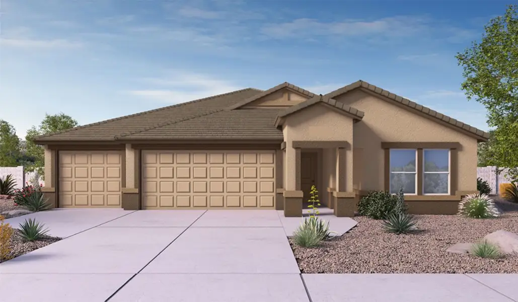 Front exterior of a new home in Saguaro Bloom, Marana, AZ, highlighting curb appeal (Image 1). Front exterior of a new home in Saguaro Bloom, Marana, AZ, highlighting curb appeal (Image 1).