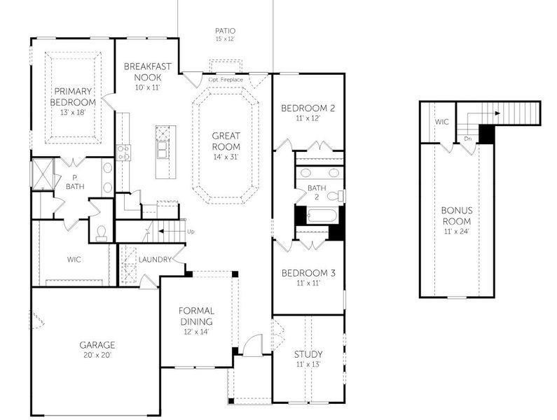 2D floor plan layout for the Drayton + Bonus Room - Single Family Homes by Dream Finders Homes in Tidewater at Lakes of Cane Bay, Summerville, SC (Image 5).