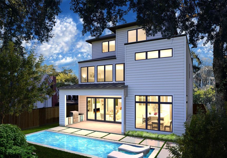 Rear elevation of the home.  There is room for a pool.  Pool in the rendering is not included with the price of the home.  **This is an artists rendering and are subject to changes anytime during construction**