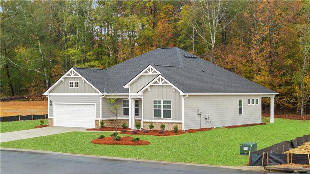 Front exterior of a new home in Kingston Ranch at Lake Oconee, Buckhead, GA, highlighting curb appeal (Image 19). Front exterior of a new home in Kingston Ranch at Lake Oconee, Buckhead, GA, highlighting curb appeal (Image 19).