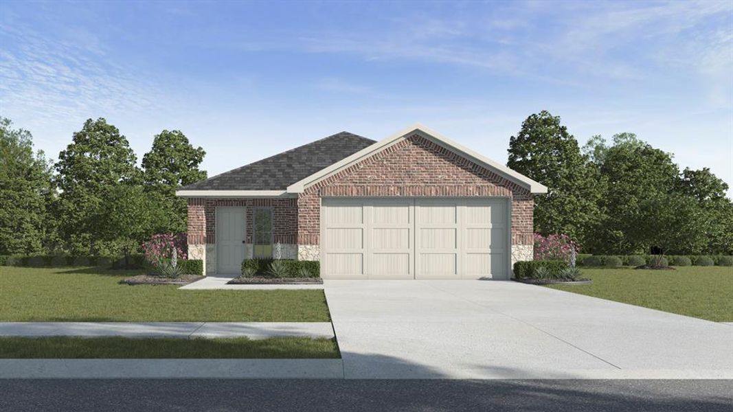Ranch-style home with a front yard, brick siding, driveway, stone siding, and a garage