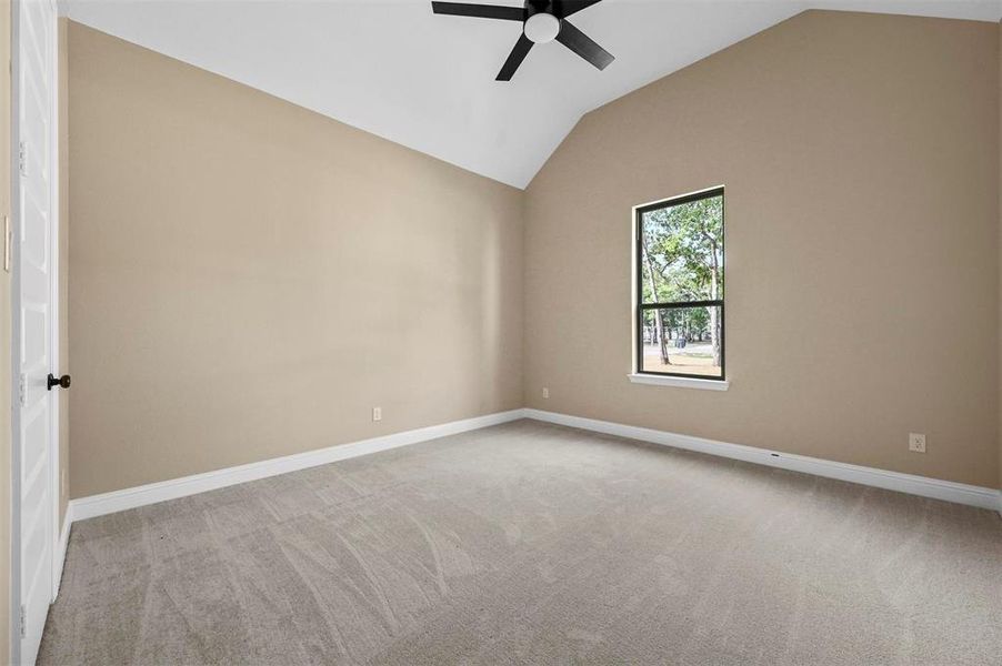 Carpeted empty room featuring lofted ceiling and ceiling fan