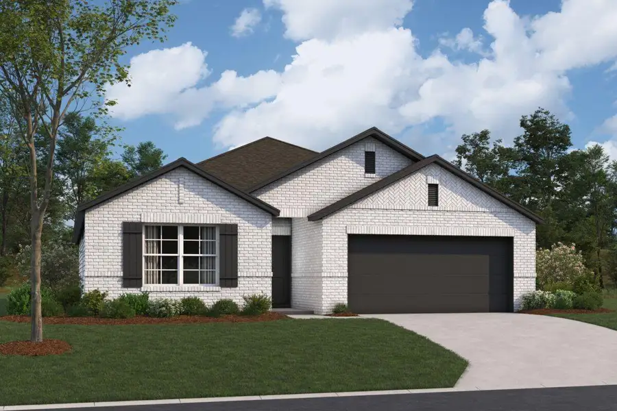 Front exterior of a new home in Pinewood at Grand Texas, New Caney, TX, highlighting curb appeal (Image 1).