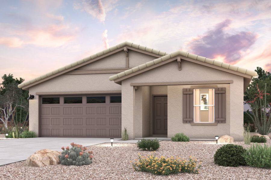 Front exterior of a new home in North Fork at Laughlin Ranch, Bullhead City, AZ, highlighting curb appeal (Image 1). Front exterior of a new home in North Fork at Laughlin Ranch, Bullhead City, AZ, highlighting curb appeal (Image 1).