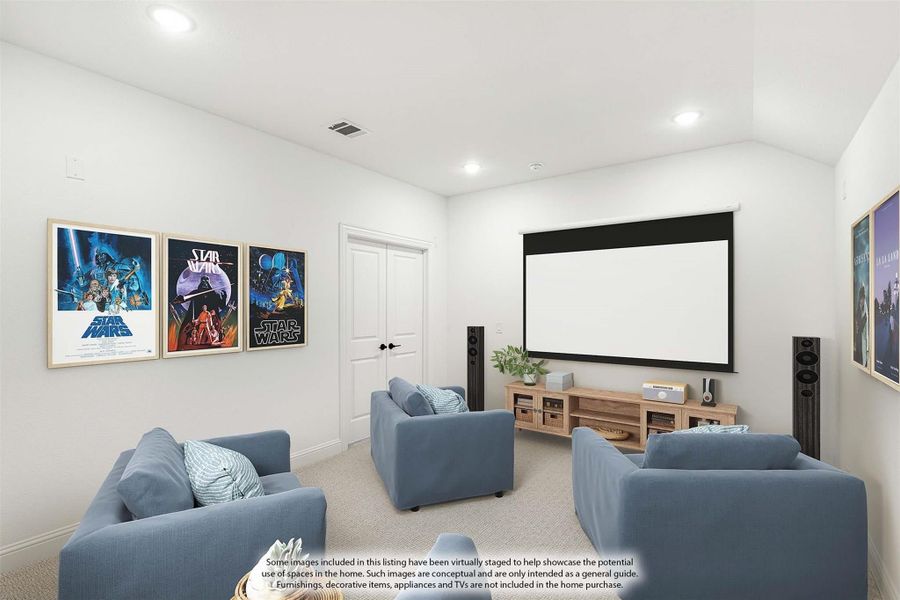 Media room with large projection screen, blue seating, and movie posters on white walls
