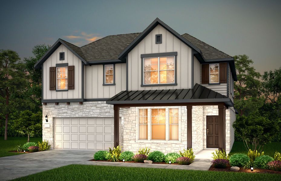 Front exterior of a new home in Saddleback at Santa Rita Ranch, Liberty Hill, TX, highlighting curb appeal (Image 1).