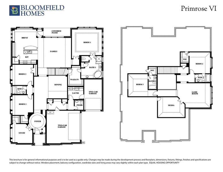 Bloomfield Homes Primrose VI two-story floor plan with five bedrooms, game room, media room, and two-car garage.