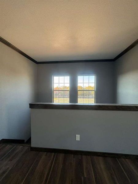 Empty room with ornamental molding, a textured ceiling, and dark wood-style flooring