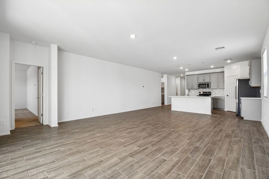 Great room, dining and kitchen