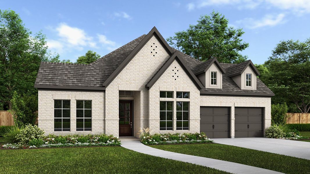 Front exterior of a new home in Two Step Farm 60', Montgomery, TX, highlighting curb appeal (Image 1).