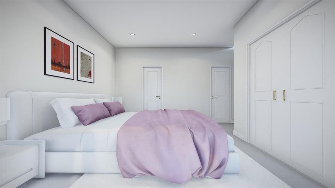 Bedroom with light carpet and recessed lighting