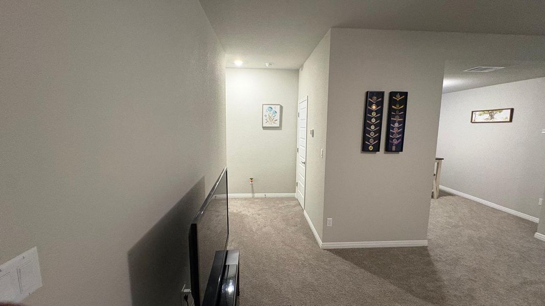 A well-lit hallway with plush carpeting provides access to additional living spaces.