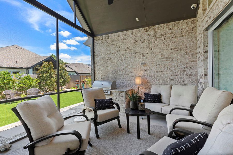 The screened-in patio offers a comfortable outdoor living space. No mosquitoes or the need for harmful chemicals!