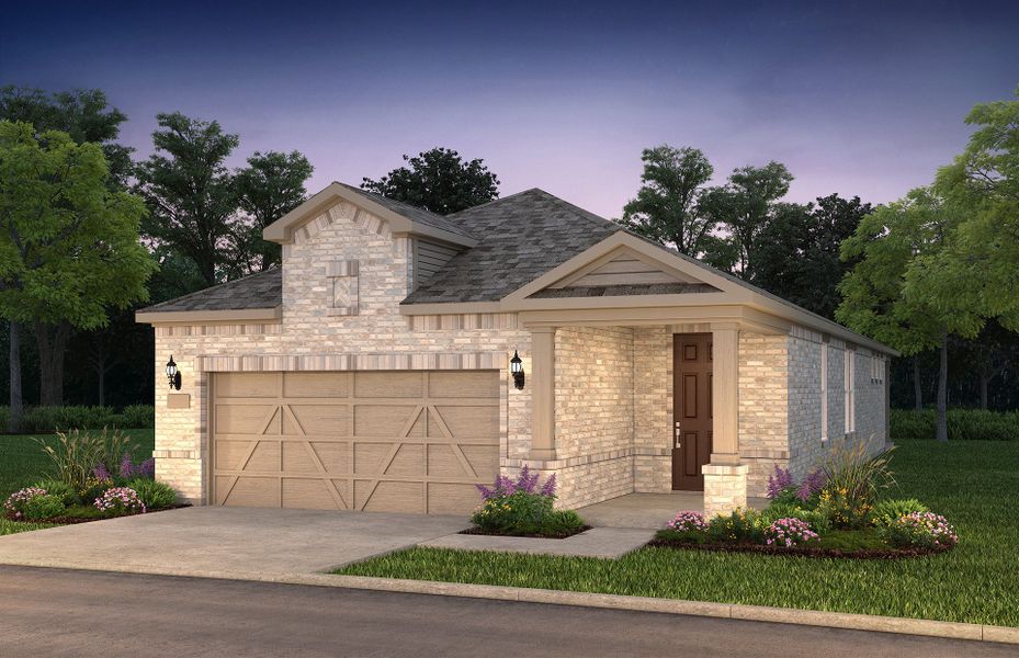 The Hallmark, a one-story home with 2-car garage, shown with Home Exterior LS203