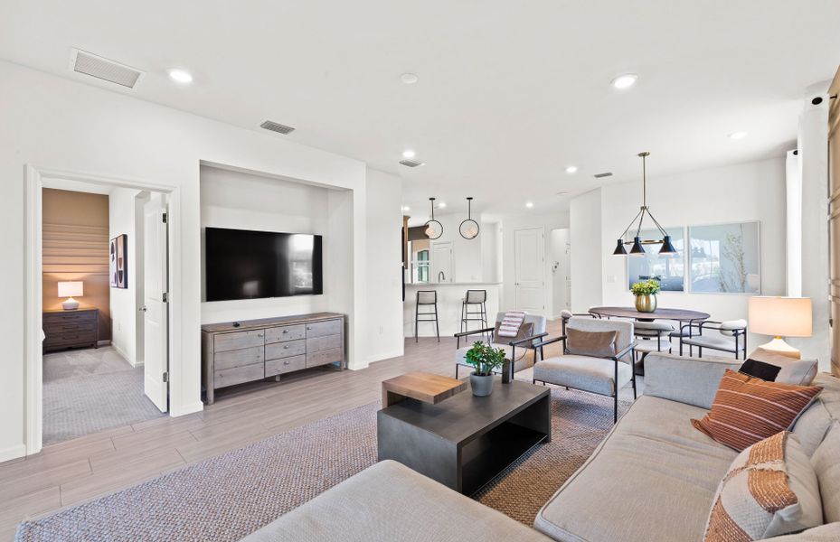 Spacious gathering room with tile floors
