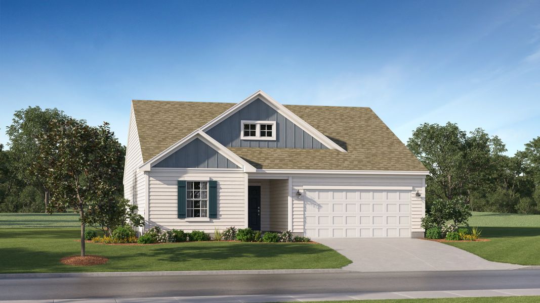 Front exterior of a new home in Bakers Creek: 40' Dream, Kannapolis, NC, highlighting curb appeal (Image 1). Front exterior of a new home in Bakers Creek: 40' Dream, Kannapolis, NC, highlighting curb appeal (Image 1).