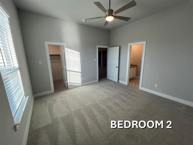 Spacious bedroom with grey textured carpeting, light grey walls, and a contemporary ceiling fan Spacious bedroom with grey textured carpeting, light grey walls, and a contemporary ceiling fan