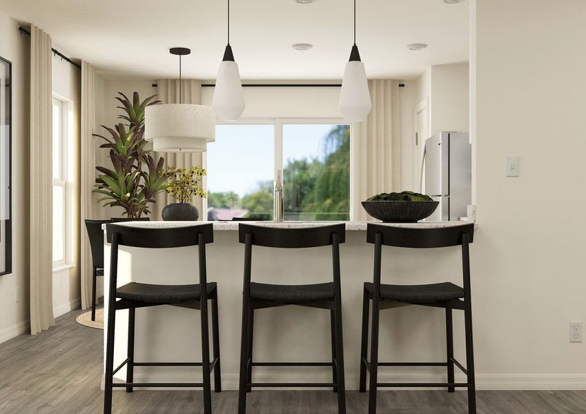 Rendering of the kitchen breakfast bar. Rendering of the kitchen breakfast bar.