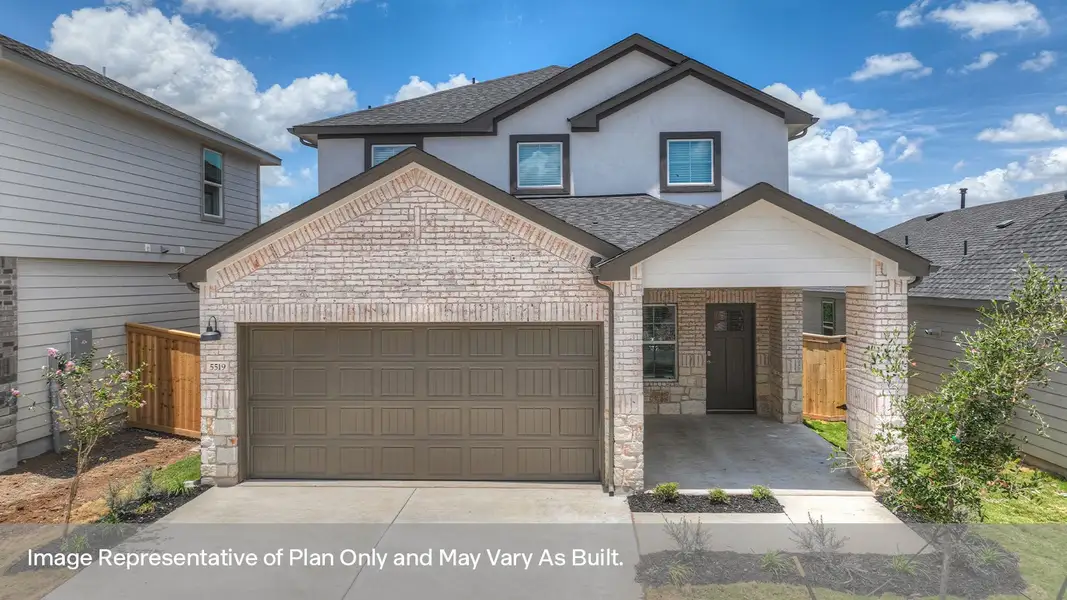 Front exterior of a new home in Mayfair, New Braunfels, TX, highlighting curb appeal (Image 2). Front exterior of a new home in Mayfair, New Braunfels, TX, highlighting curb appeal (Image 2).