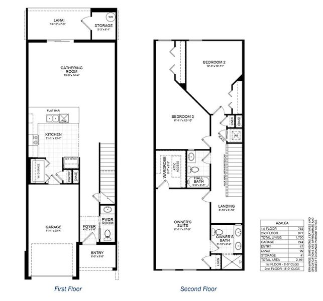 2D floor plan layout for the Azalea Townhome by Highland Homes of Florida in Bridge Pointe, St. Cloud, FL (Image 3).