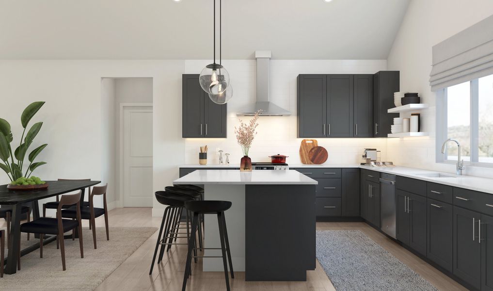 Kitchen with floating shelves and pendant lighting Kitchen with floating shelves and pendant lighting