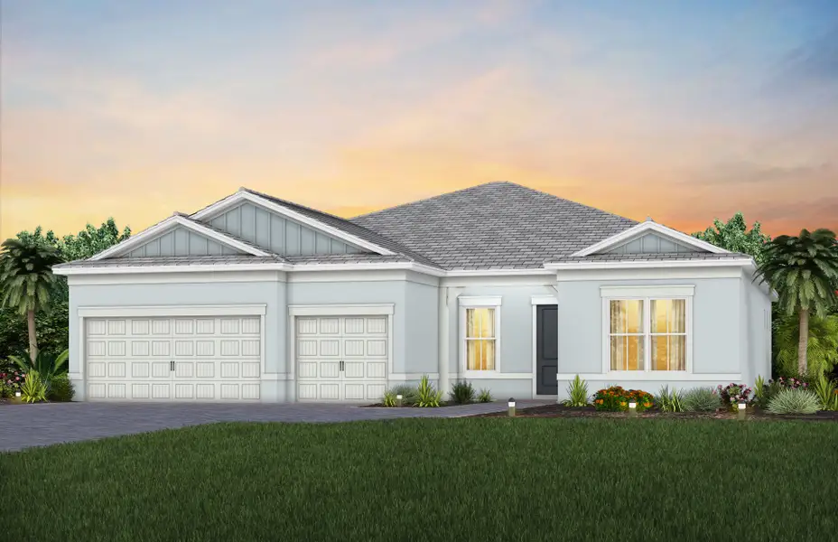 Front exterior of a new home in BeachWalk by Manasota Key, Englewood, FL, highlighting curb appeal (Image 2). Front exterior of a new home in BeachWalk by Manasota Key, Englewood, FL, highlighting curb appeal (Image 2).