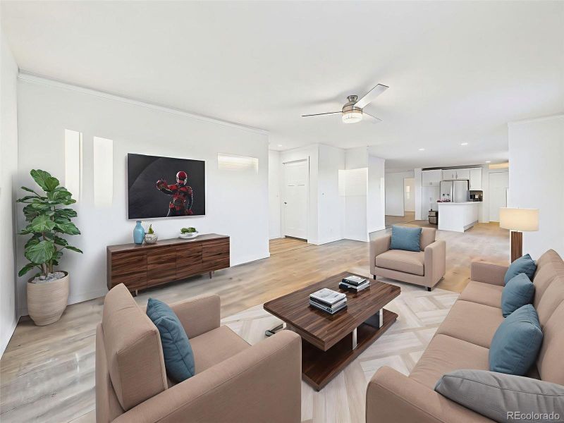 Living Room Virtually Staged A second living space offers flexibility for a media room, lounge, or home office setup, with modern lighting and a view into the heart of the home.