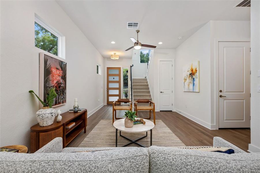 Hidden gems: expansive closet which extends under staircase and attached garage with EV plug.