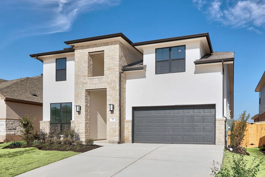Front exterior of a new home in Nolina, Georgetown, TX, highlighting curb appeal (Image 21).