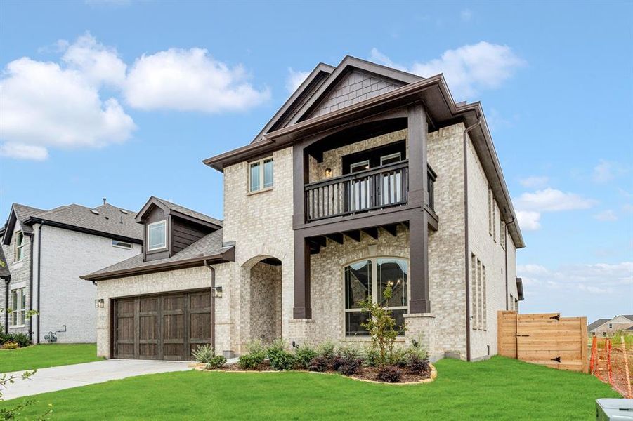 Front exterior of a new home in Painted Tree Woodland District 50, McKinney, TX, highlighting curb appeal (Image 1). Front exterior of a new home in Painted Tree Woodland District 50, McKinney, TX, highlighting curb appeal (Image 1).