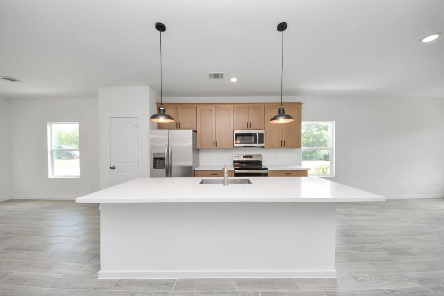 Modern kitchen with white quartz countertops and ample cabinet space. Modern kitchen with white quartz countertops and ample cabinet space.