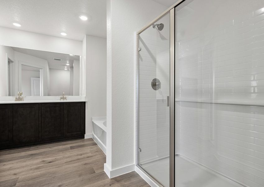 The master bathroom has a glass walk-in shower. The master bathroom has a glass walk-in shower.