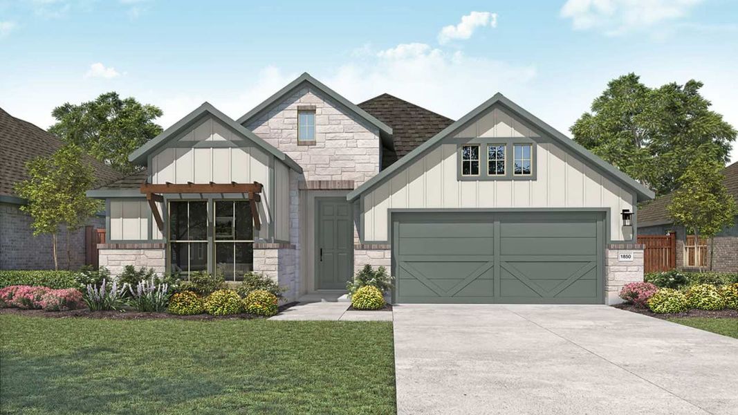 Representative exterior photo of a completed home built from the Mahogany by DRB Homes in Devine Landing, Leander, TX (Image 7). Representative exterior photo of a completed home built from the Mahogany by DRB Homes in Devine Landing, Leander, TX (Image 7).