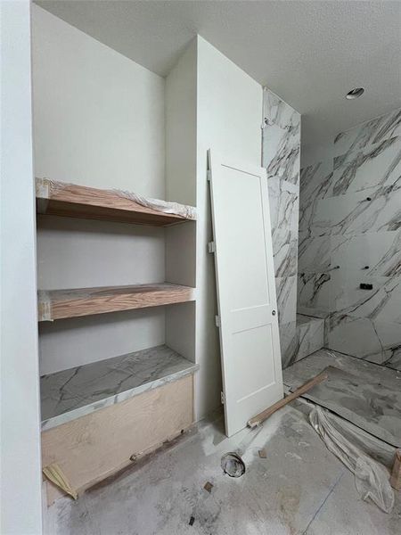 Master bath view where freestanding bath tub will be installed. Walk in shower behind.