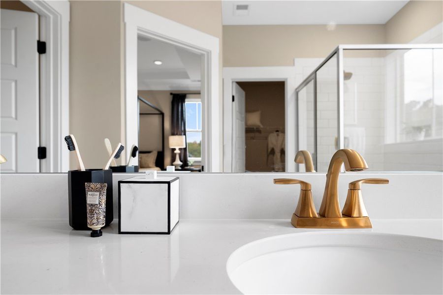 Dual Vanity. Staged for photography—furniture and décor not included