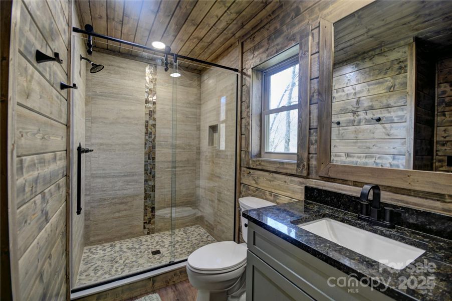 Hall Bath has a large tiled shower and serves the main level BR as well as day guests