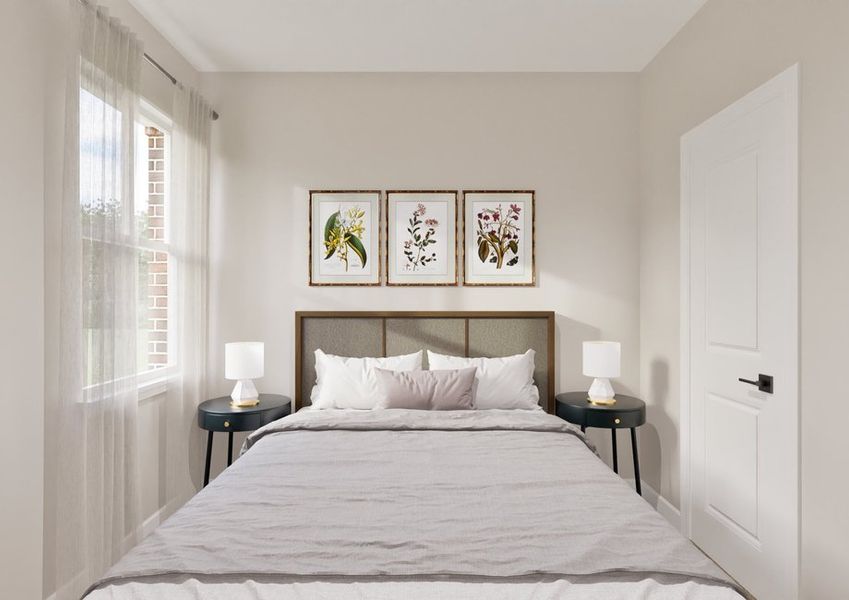 Modern bedroom with a neatly made bed, flanked by two dark side tables with lamps. Three botanical prints hang above, and soft light filters through sheer curtains.