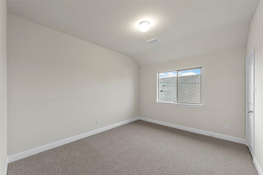 Unfurnished room with carpet floors and vaulted ceiling Unfurnished room with carpet floors and vaulted ceiling