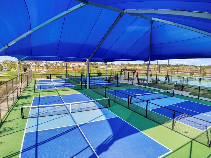 Another view of the community courts highlights the shaded seating and well-maintained surfaces, perfect for both casual play and organized games. This amenity adds a wonderful outdoor lifestyle element to the community.