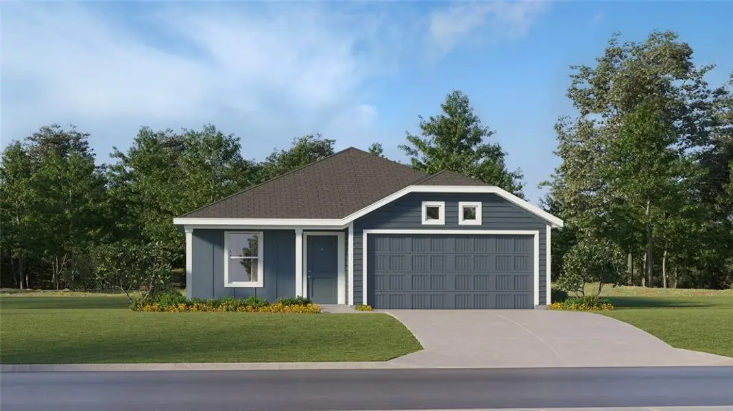 Ranch-style house with a front lawn, driveway, an attached garage, and board and batten siding