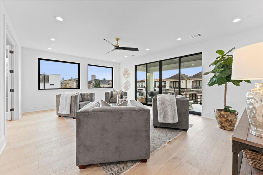 Flexible living space with modern lighting.