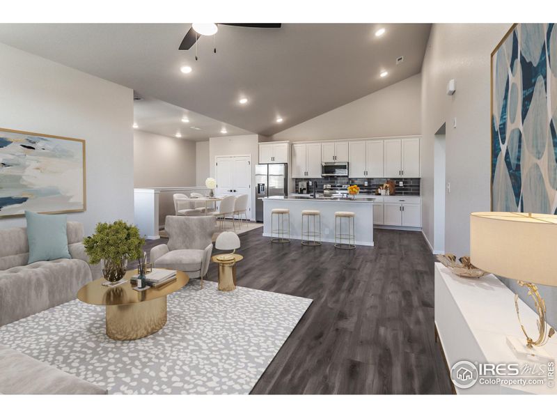 living room and kitchen w/ virtual staging