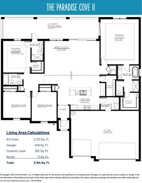 2D floor plan layout for the The Paradise Cove II by Sunlife Homes LLC in Cape Coral, Cape Coral, FL (Image 4).