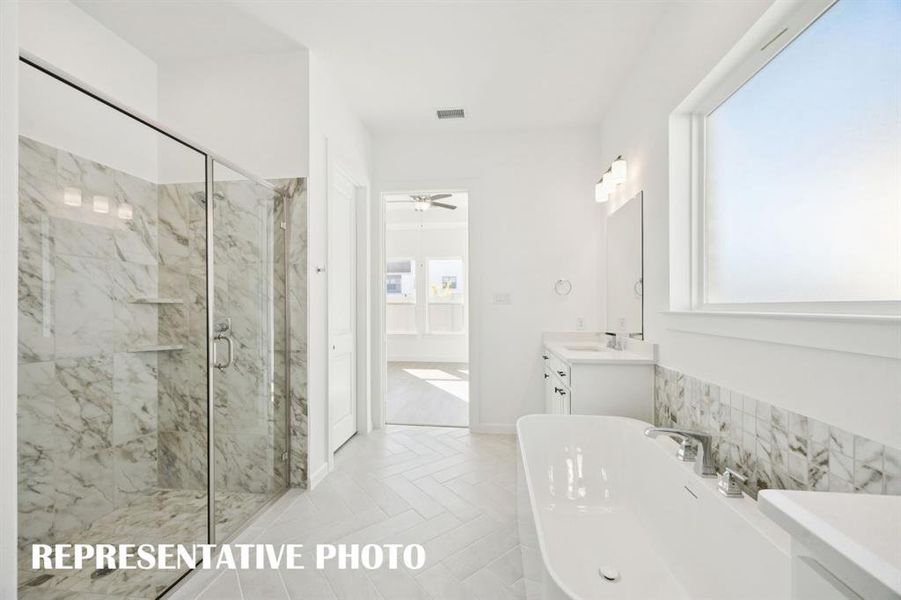 You'll enjoy soaking your cares away or indulging in a long, luxurious shower in this lovely owner's bath!  REPRESENTATIVE PHOTO