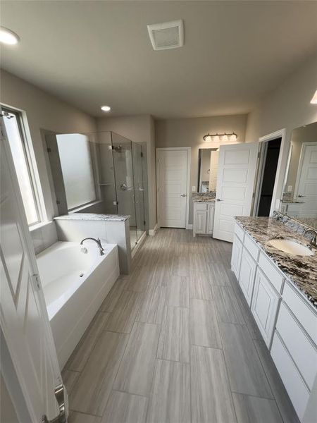 Bathroom featuring vanity and shower with separate bathtub